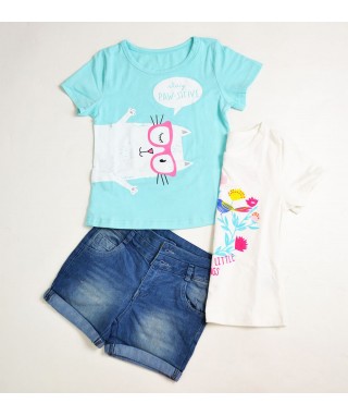 FAG 041  Double Tee White Flower and Blue Cat Pants Set