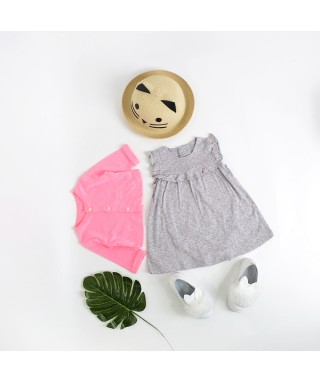 ROM 612 Light Pink Cardigan and Grey Dotted Dress Romper Set 