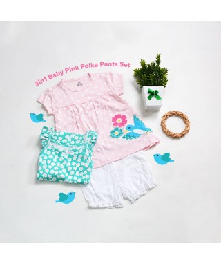 ROM 569 3in1 Baby Pink Polka Blouse Green Flower Romper Pants Set