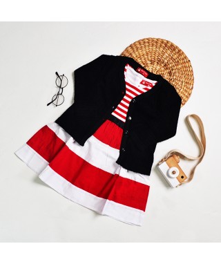 MCO 1147 Red Stripe White Dress With Navy Cardigan