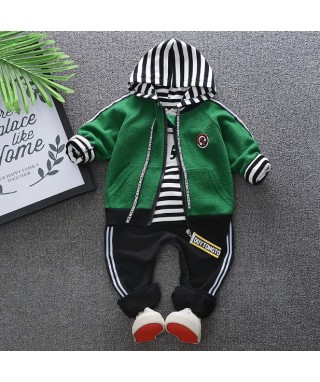 FAB 373 Black & White Stripe Tee, Green Jaket Pants Set