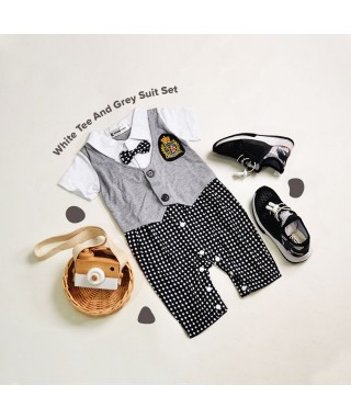ROM 590 White tee and Suit Grey With Tie & Dotted Pants