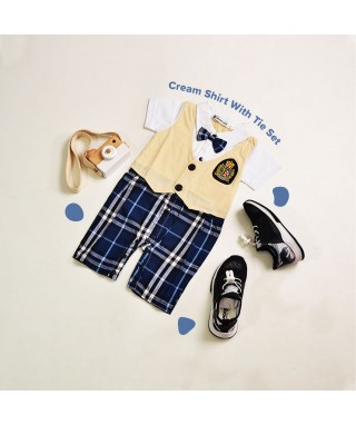 ROM 596 Cream shirt with tie and Checked pants romper set