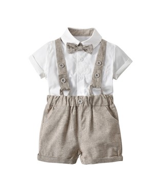 ROM 589 White Shirt with Tie And White Mocca Overall Pants Set